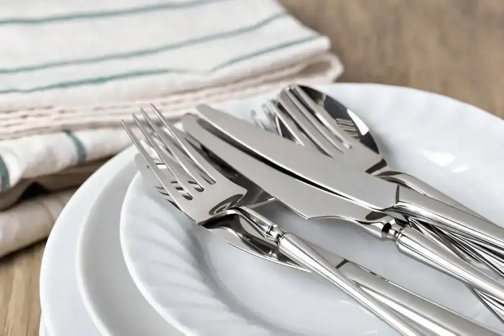 Elegant stainless steel cutlery set on white porcelain plates, perfect for wedding reception tables.