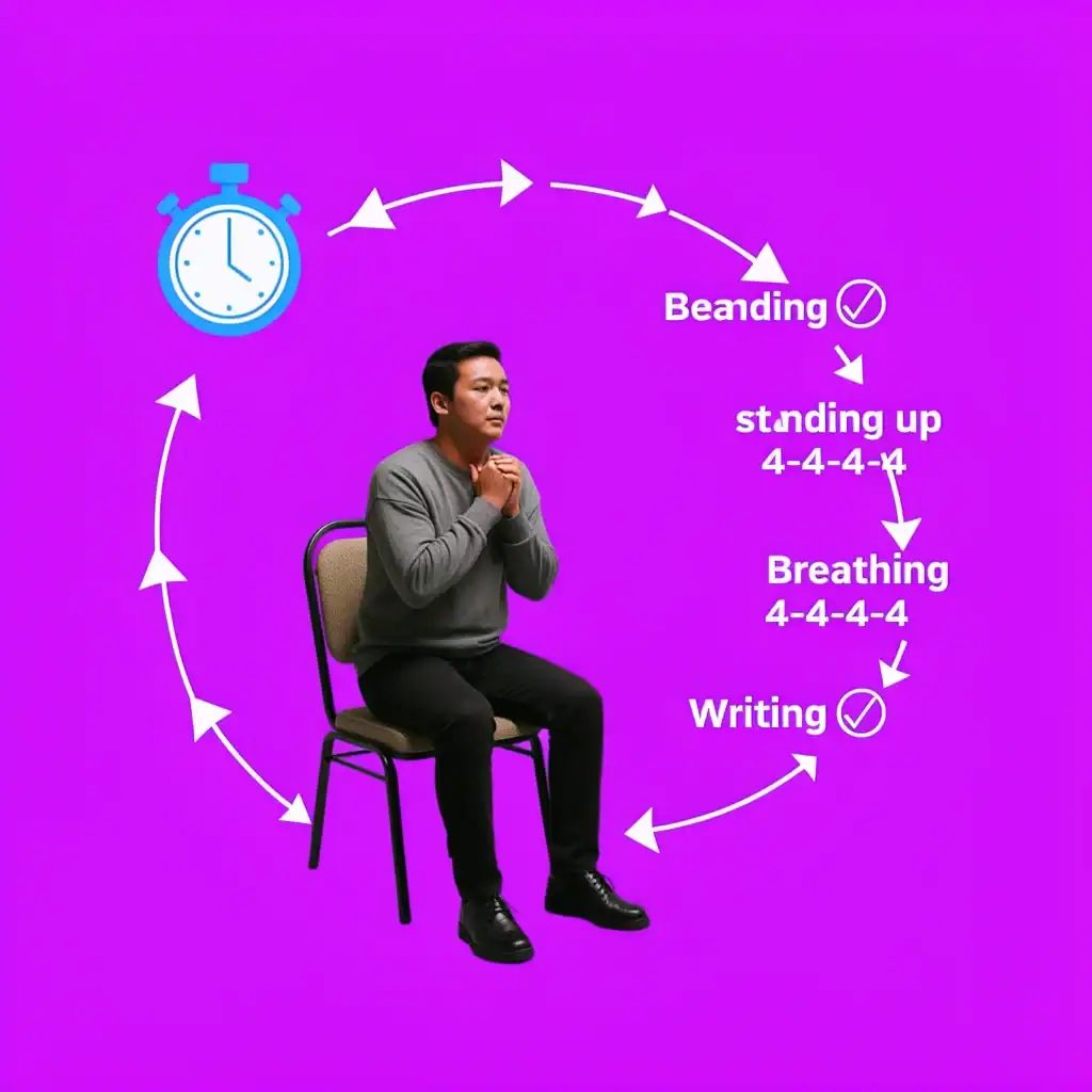 15-Minute Wedding Stress Reset Protocol Illustration Illustration of a person doing box breathing with arrows showing the 15-minute stress reset protocol