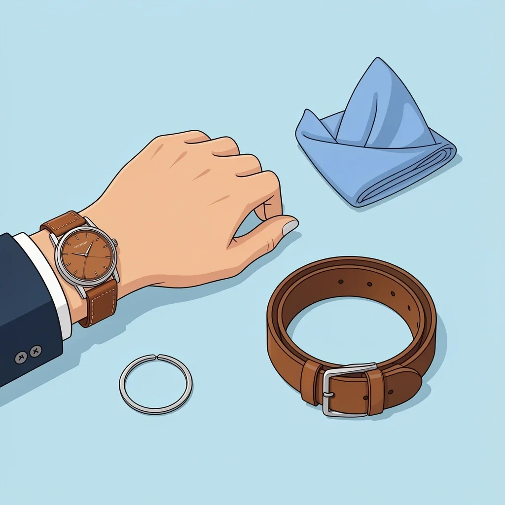 Wedding Accessories Without Blazer Watch, bracelet, pocket square, and belt as accessories for a blazer-free wedding outfit
