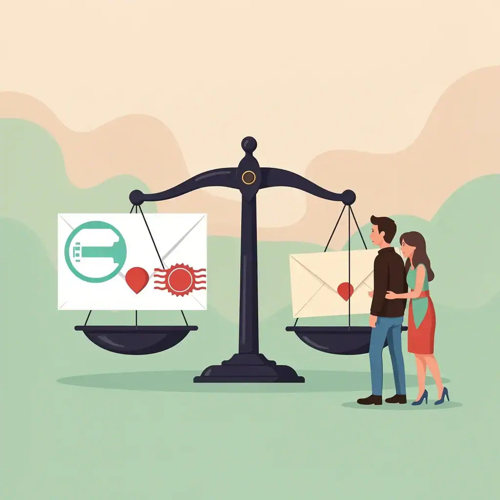Pros and Cons of Digital Invitations A balance scale comparing a digital envelope and a paper envelope, with a couple observing, illustrating the pros and cons of digital invitations