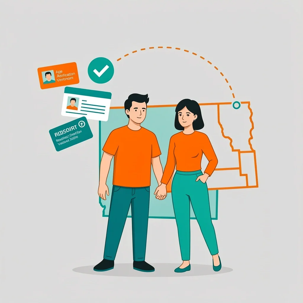 Age and Residency Eligibility Couple with ID cards and state map illustrating age and residency rules for marriage license