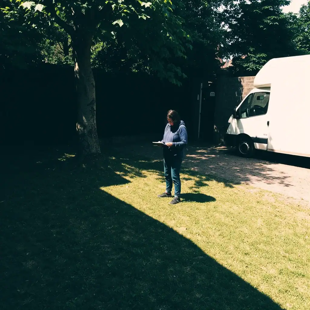 Assessing Backyard for Wedding Person with a notebook assessing backyard sun direction, ground condition, and access points for wedding setup