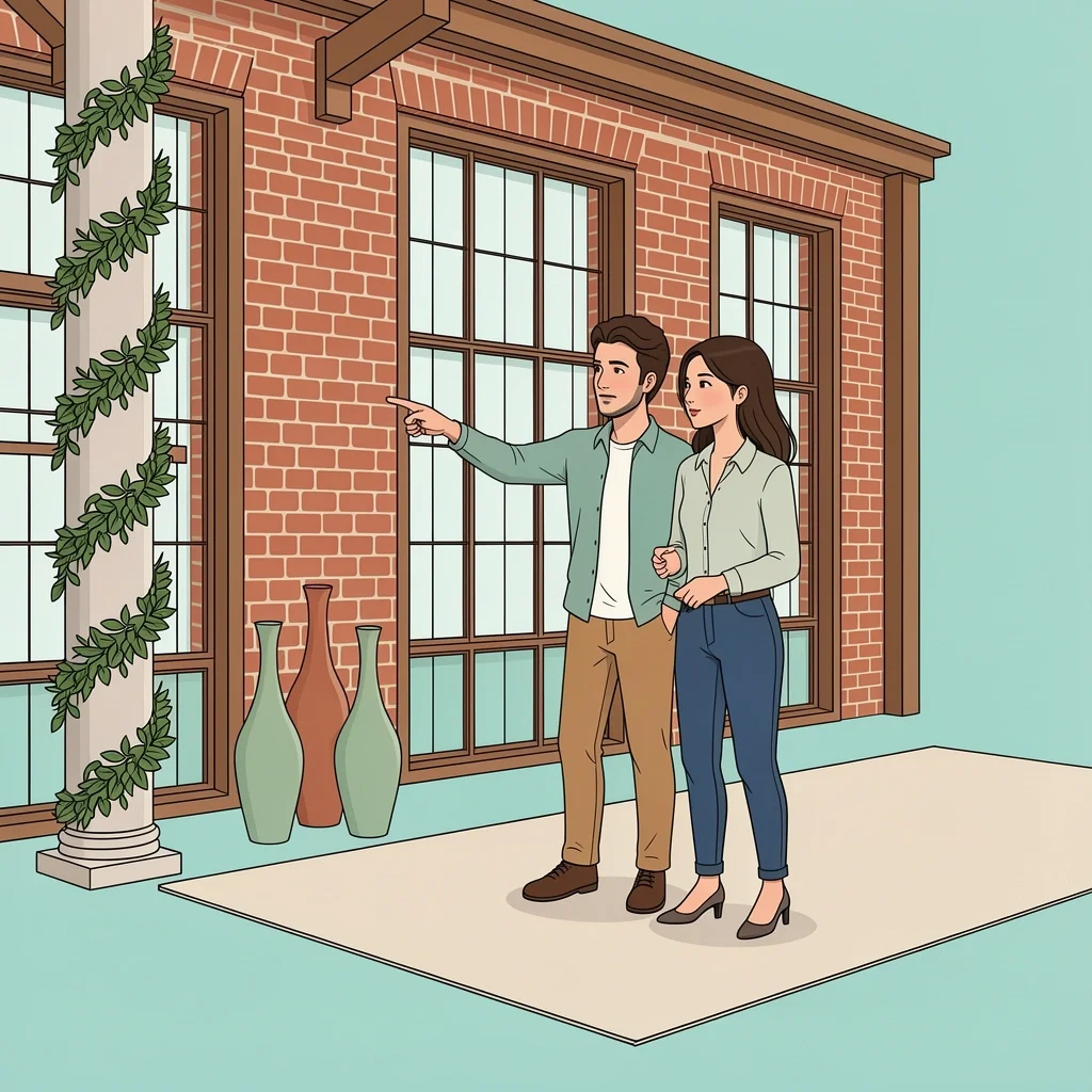 Venue Architecture Audit and Decoration Couple auditing venue architecture with exposed brick and wooden beams, pointing at a column decorated with greenery garlands and tall vases.