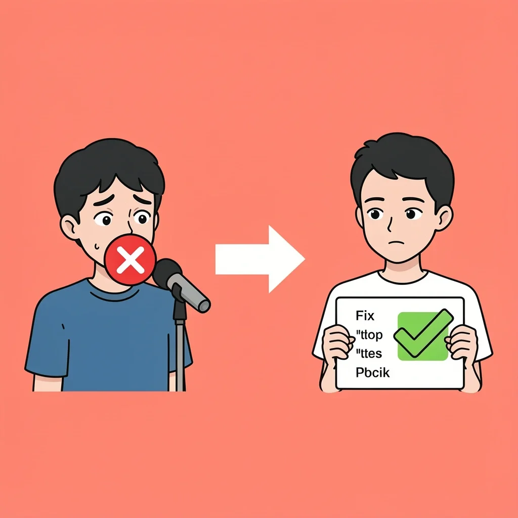 Common MC Mistakes Fix Comparison of a confused MC with a red X and a corrected MC with a green checkmark using a phonetic script