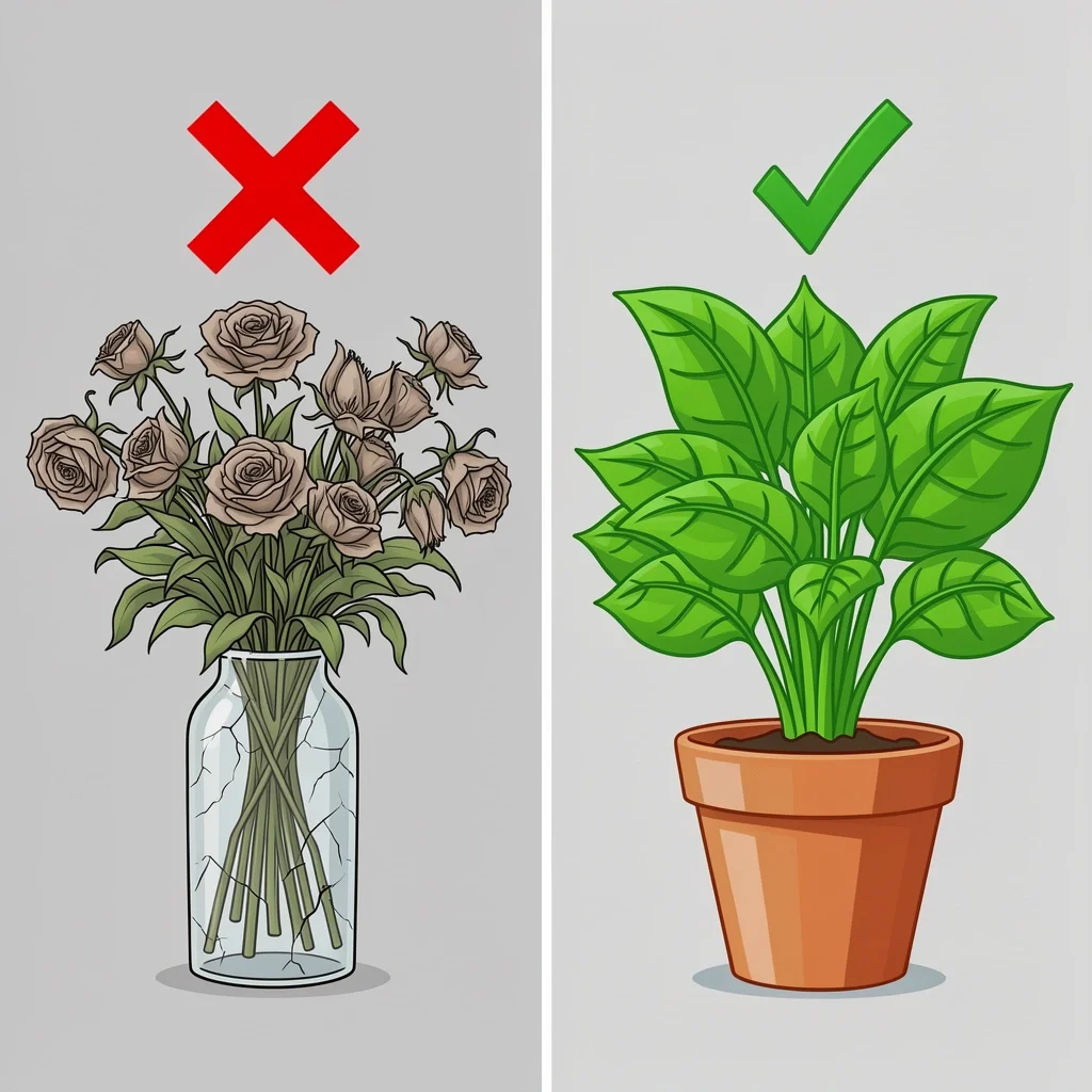 Gift mistakes to avoid after baby loss Comparison of a wilted bouquet with a red X and a healthy potted plant with a green checkmark, illustrating what to avoid when giving gifts after baby loss.