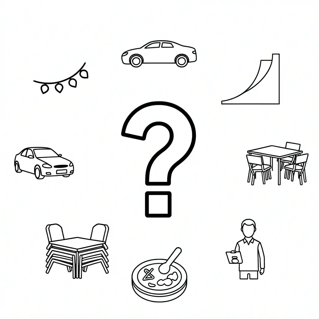 Backyard Wedding FAQ Visual Guide Icons representing common backyard wedding FAQs: lighting, parking, slope, rentals, allergies, and a coordinator