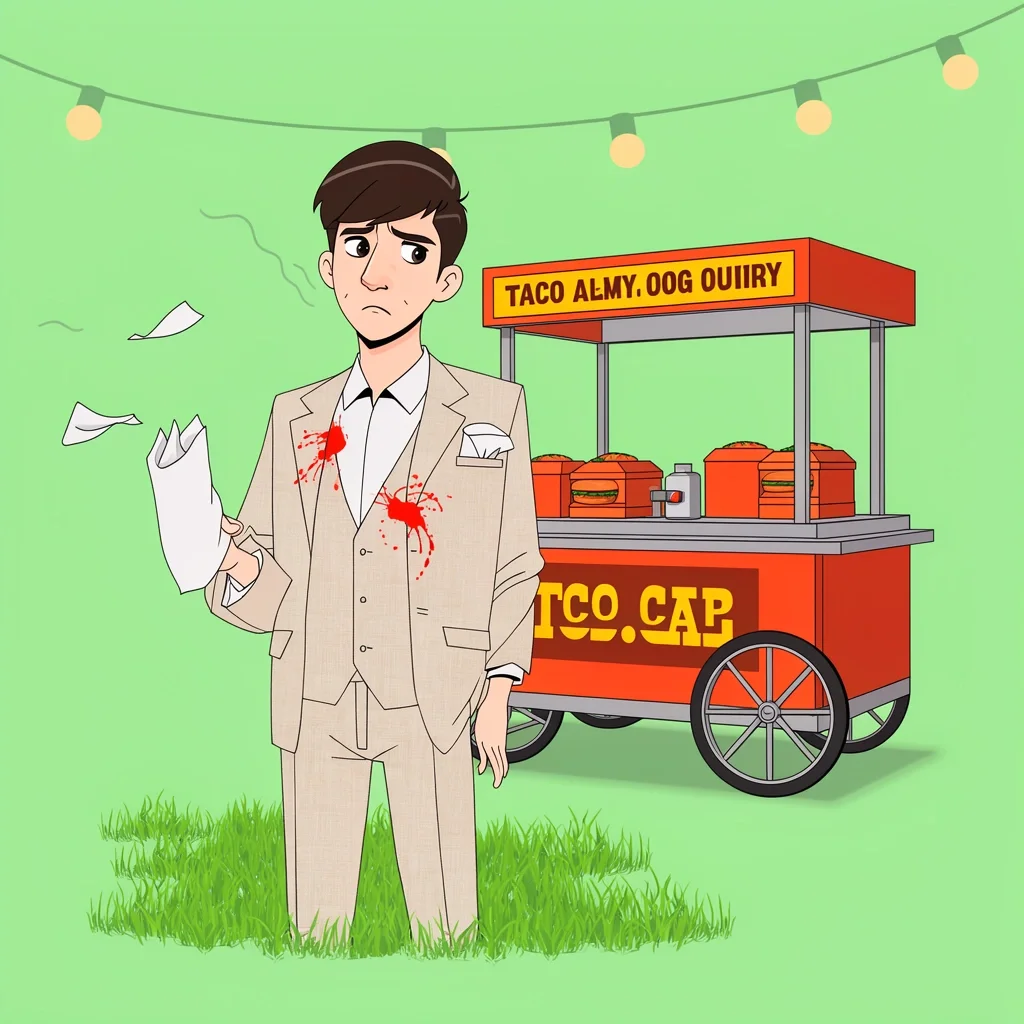 Backyard Wedding Outfit Mishap Guest with salsa stain on linen jacket at backyard wedding taco cart