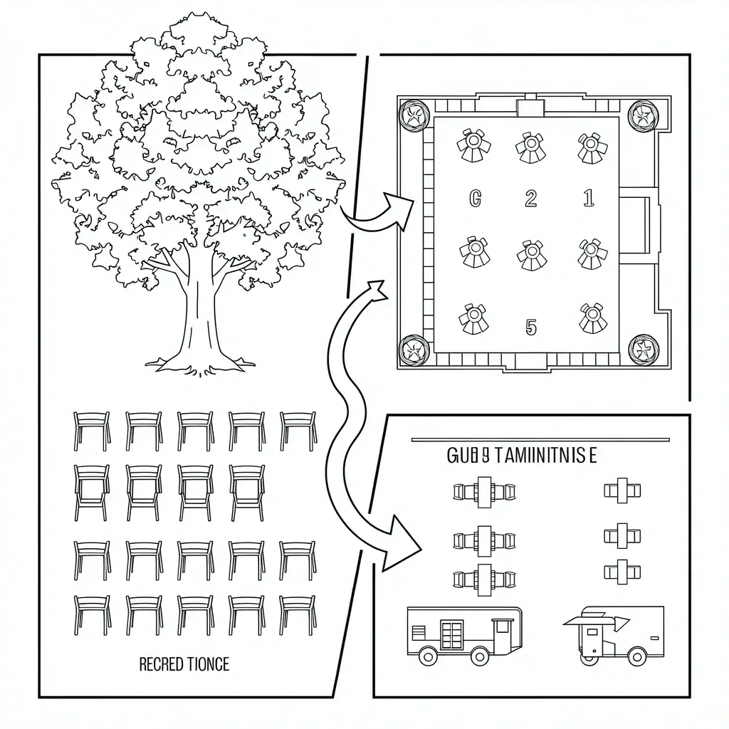 Backyard Wedding Zone Design Three backyard zones for ceremony, reception, and guest amenities connected by visual pathways