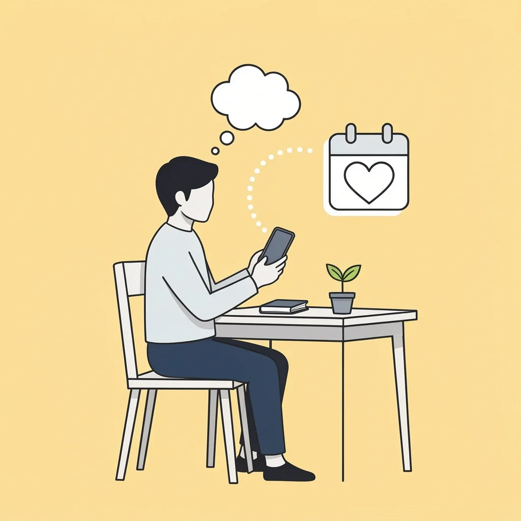 Preparing Between Marriage Counseling Sessions Person at home with a phone and notebook, connected by a dotted line to a calendar with a heart, showing therapy preparation between sessions