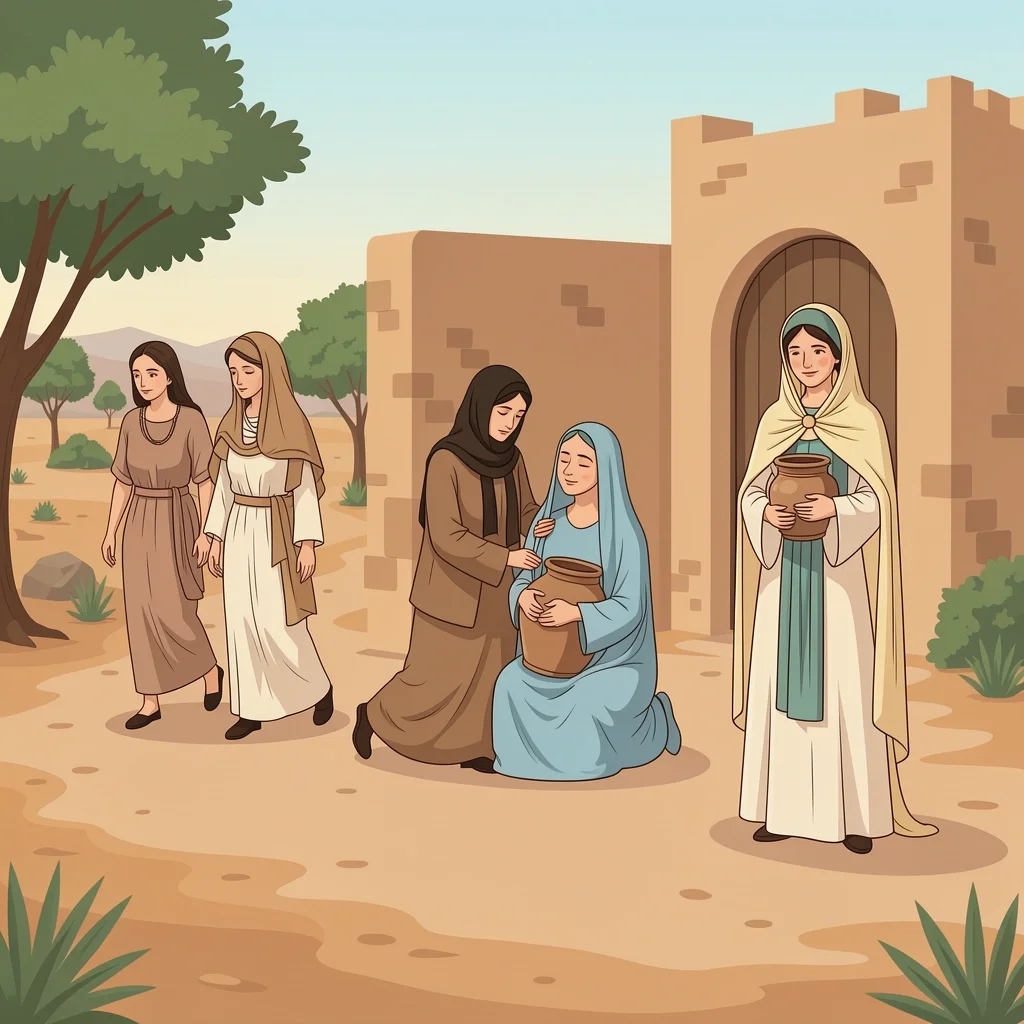 Biblical Foundations of Standing with Others Three biblical scenes showing Ruth and Naomi, Mary and Elizabeth, and Mary at the wedding in Cana, emphasizing loyalty and support.
