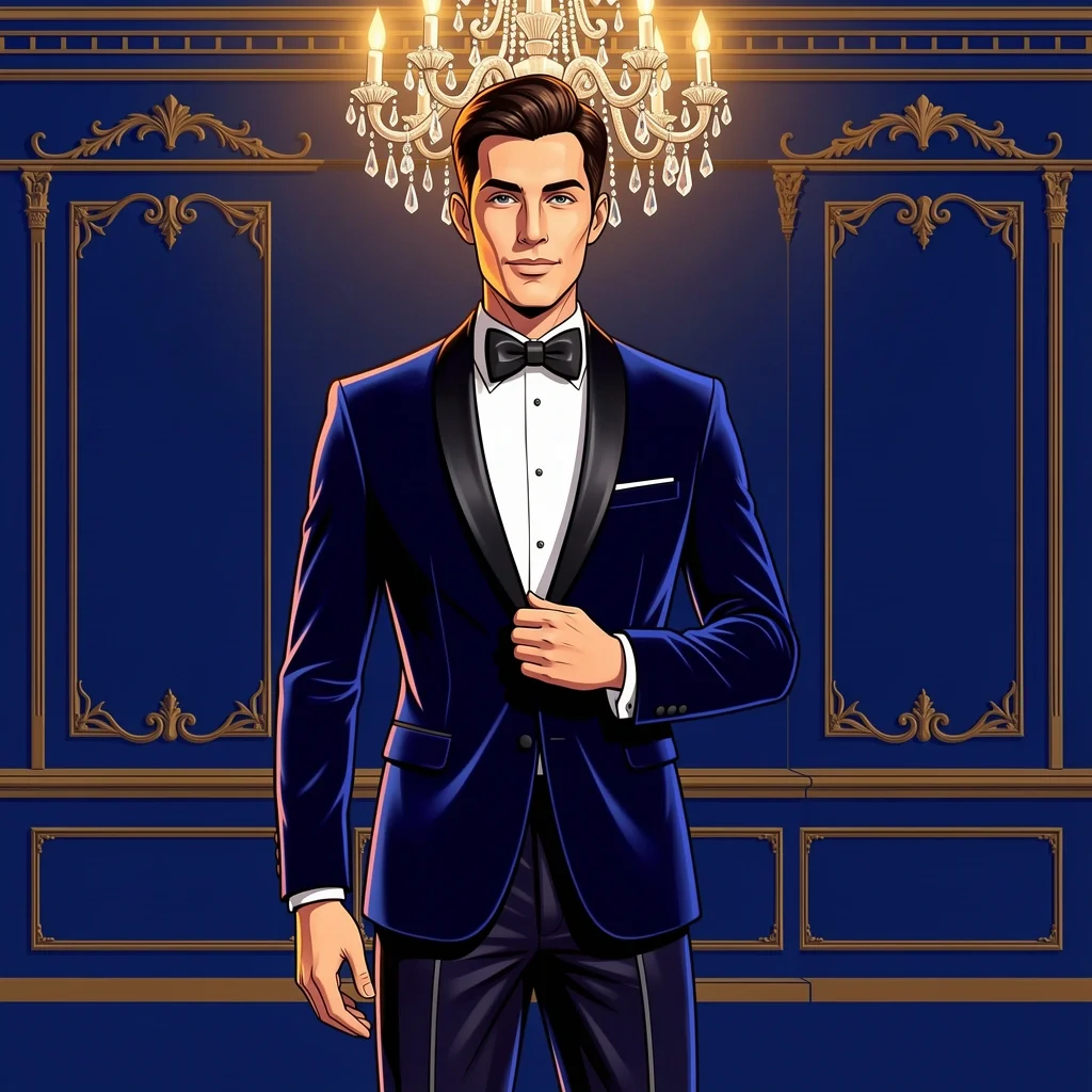 Black-Tie Evening Wedding Tuxedo Groom in midnight blue velvet peak lapel tuxedo in a luxurious ballroom for a black-tie evening wedding