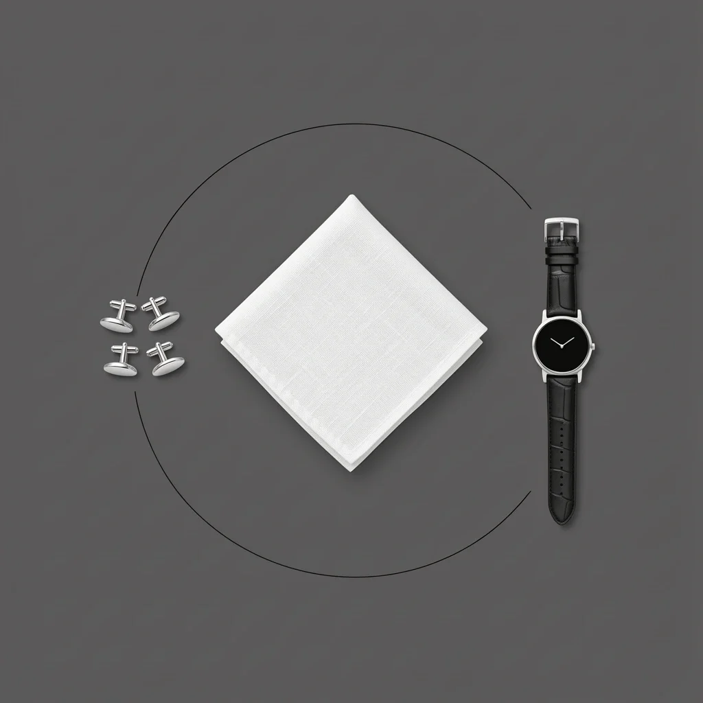 Tuxedo Accessories Set Flatlay illustration of tuxedo accessories: silver cufflinks, white pocket square, and black watch.