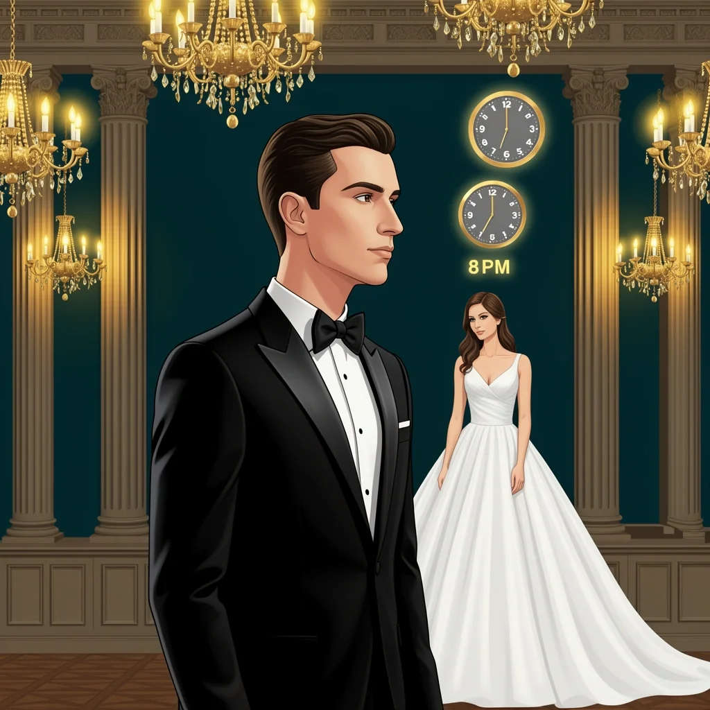 Groom in Black Tuxedo at Evening Wedding Groom in black tuxedo standing confidently in an elegant ballroom with chandeliers and bride, indicating formal evening wedding.