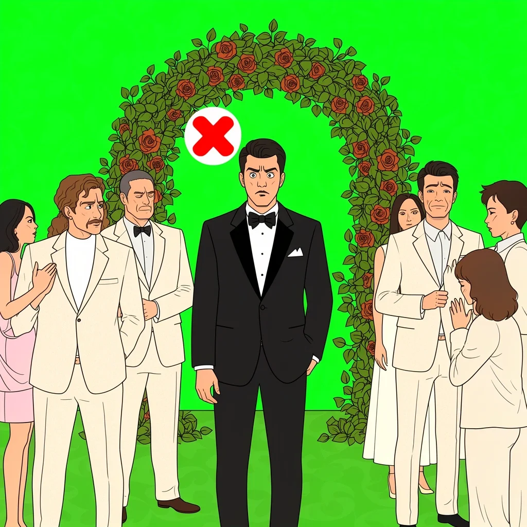 Inappropriate Black Tuxedo Scene Man in black tuxedo looking out of place at a sunny garden wedding, with a red X icon indicating unsuitability.
