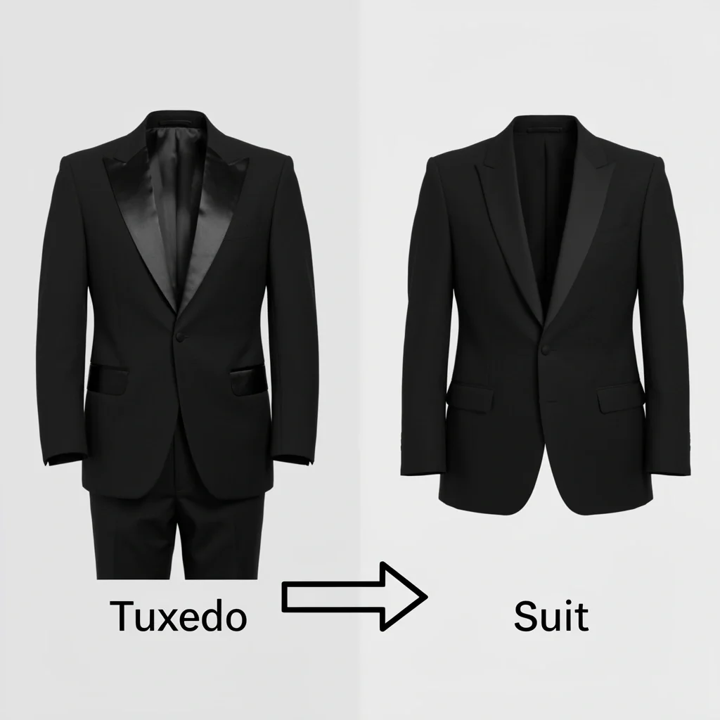 Tuxedo vs Suit Comparison Side-by-side illustration comparing a black tuxedo with satin lapels to a black suit with matte lapels, showing the key differences.