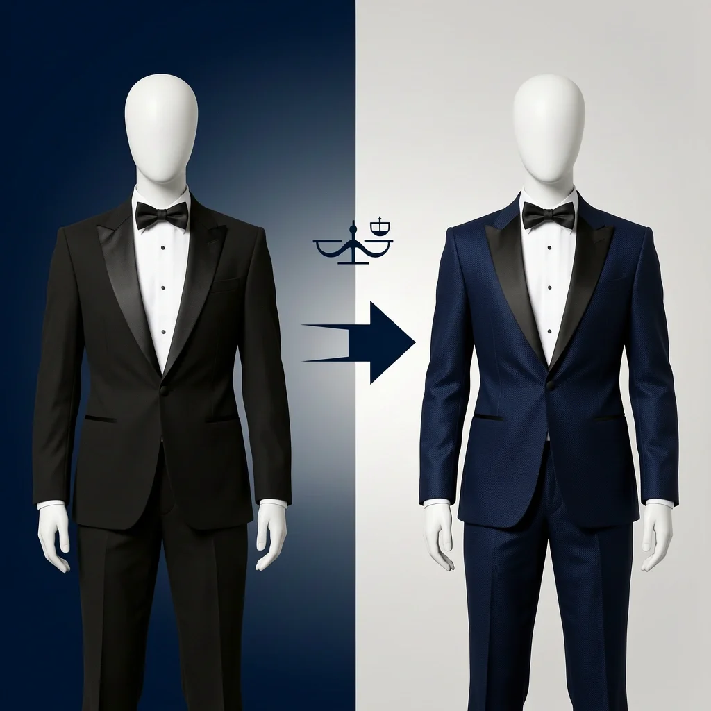 Black Tuxedo vs Navy Tuxedo Side-by-side illustration of a black tuxedo and a navy tuxedo on mannequins, with a balanced scale icon between them.