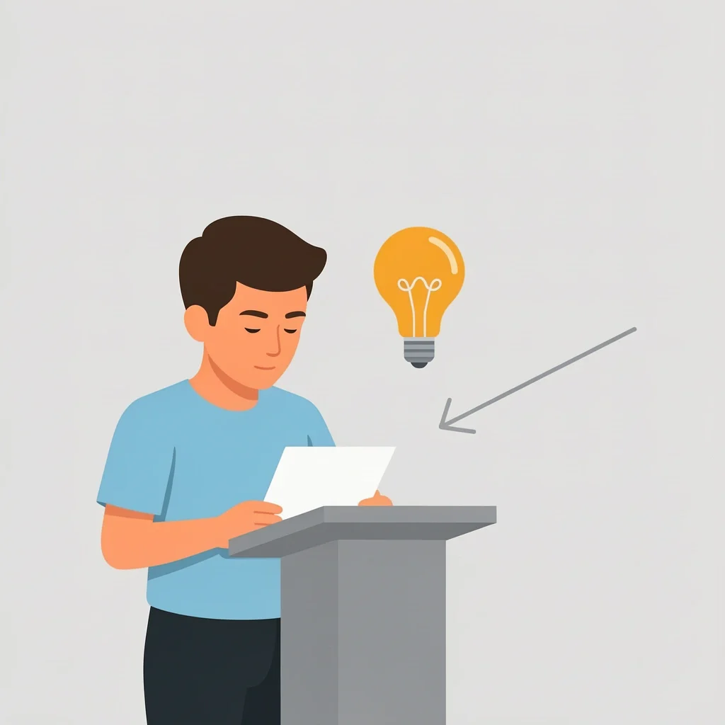 Blanking Recovery Technique Speaker calmly looking down at paper with lightbulb icon and arrow showing next line