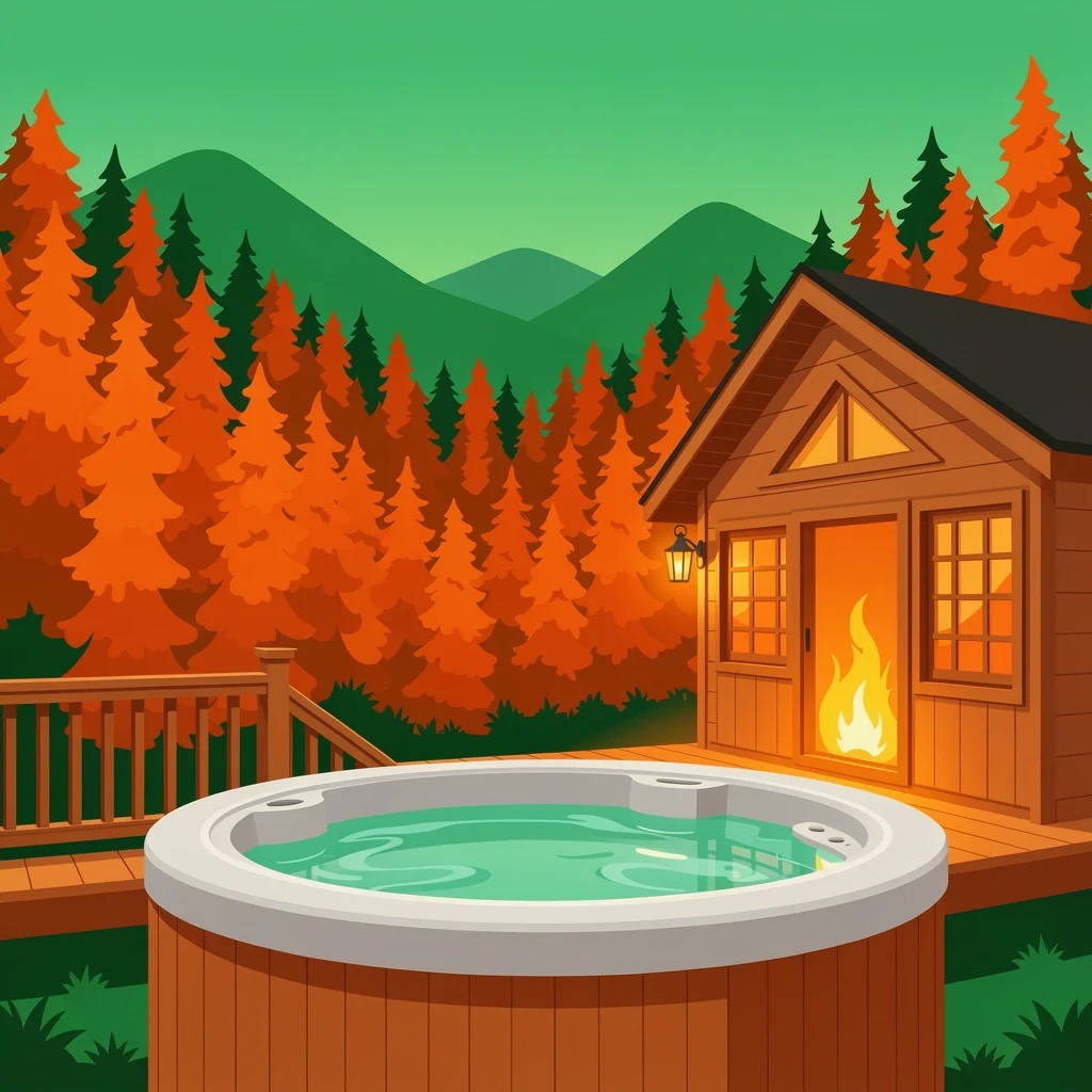 Blue Ridge Cabin Hot Tub Romance Private hot tub on cabin deck overlooking autumn forest in Blue Ridge Georgia