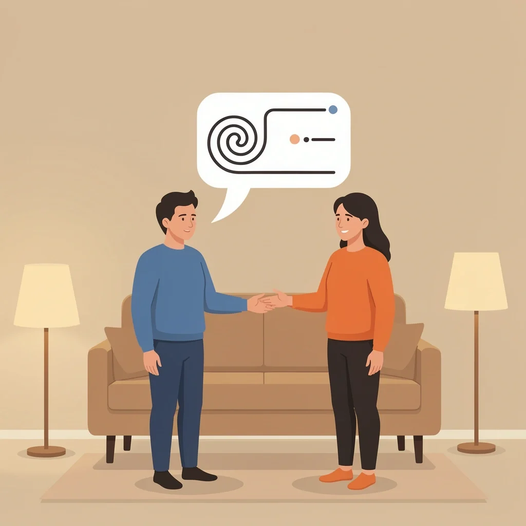 Communication Script for Marriage Boundaries A couple communicating about boundaries in a calm living room, with a speech bubble containing abstract shapes representing the three-part boundary script.