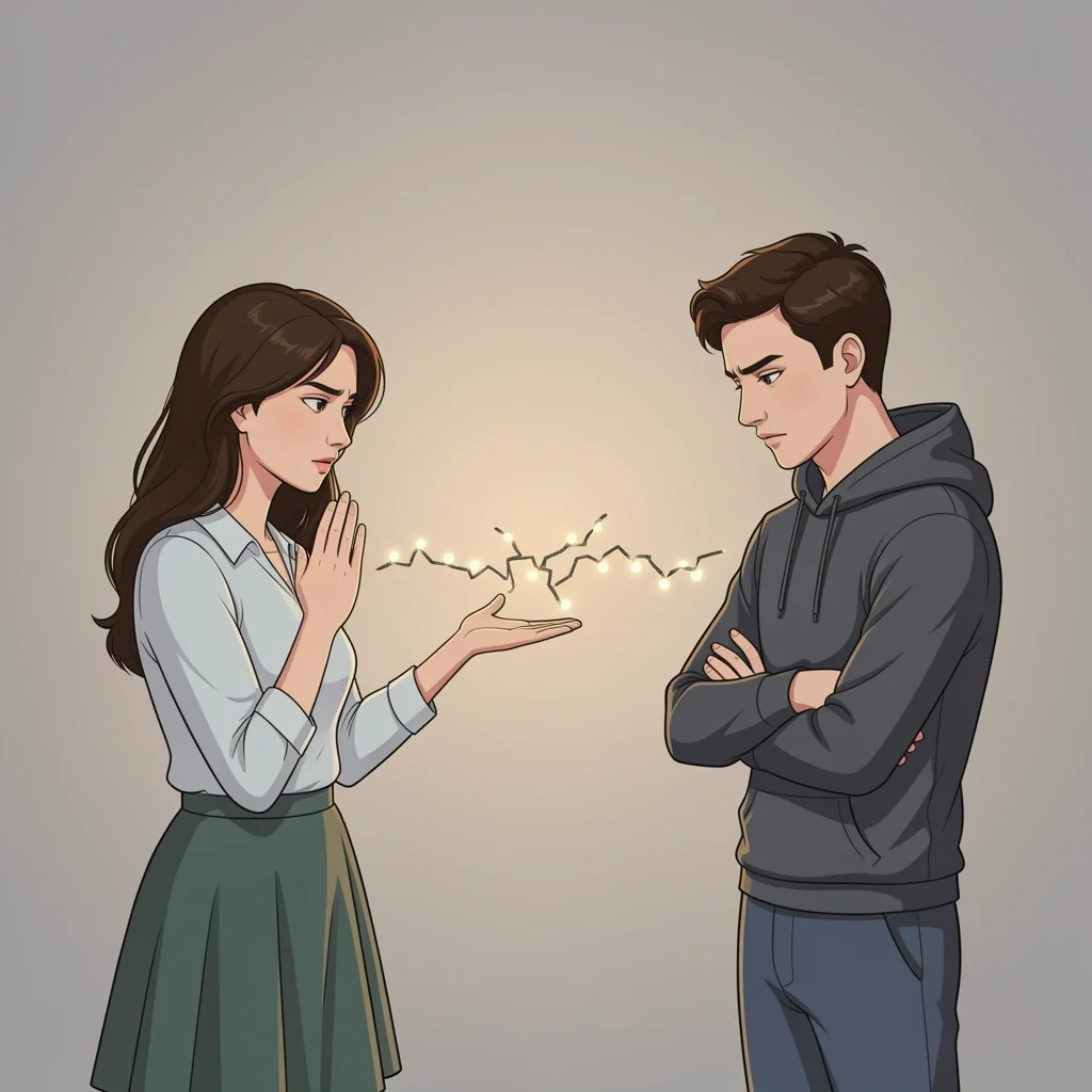 Handling Conflict When Setting Marriage Boundaries A couple facing tension after setting a boundary, with a broken line being rebuilt between them, symbolizing repair and reconnection.