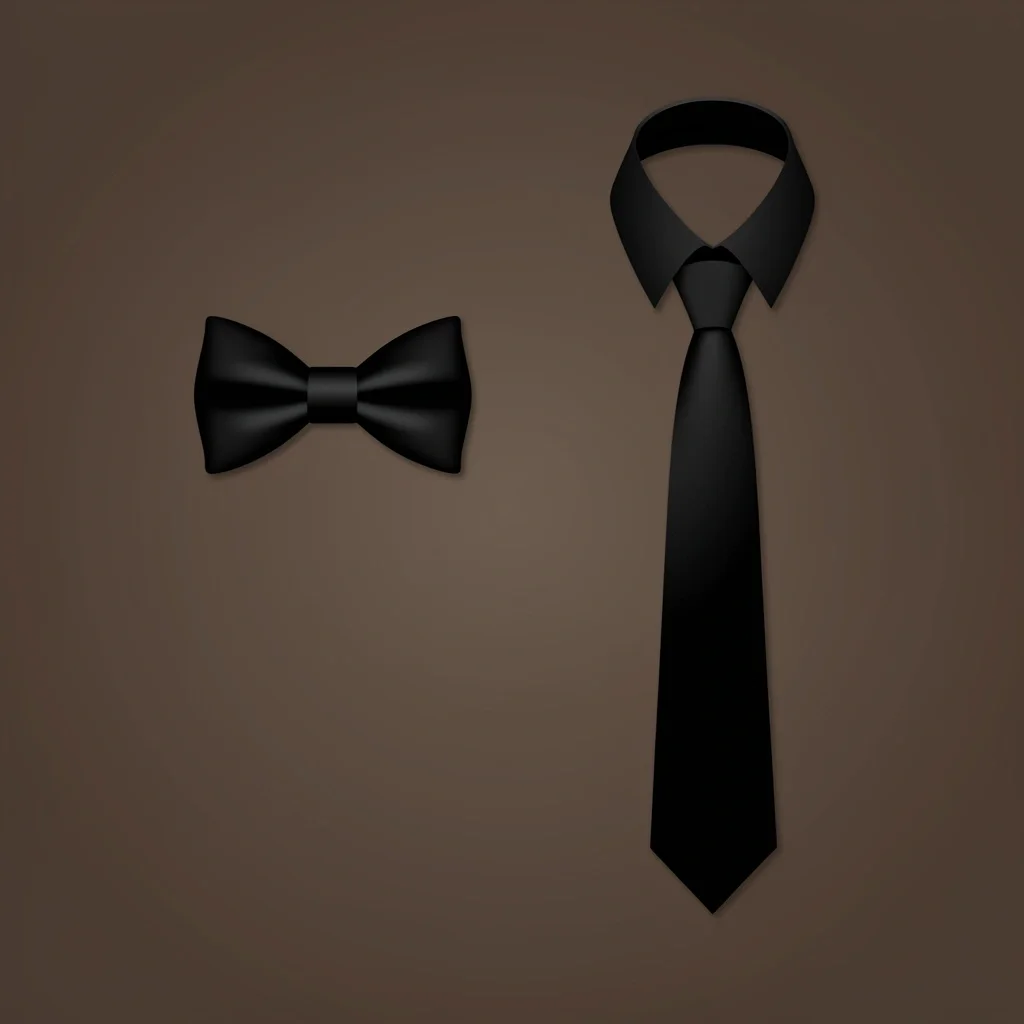 Bow Tie or Necktie for Tuxedo Illustration of a tuxedo shirt collar with a bow tie on one side and a necktie on the other, showing two neckwear options.