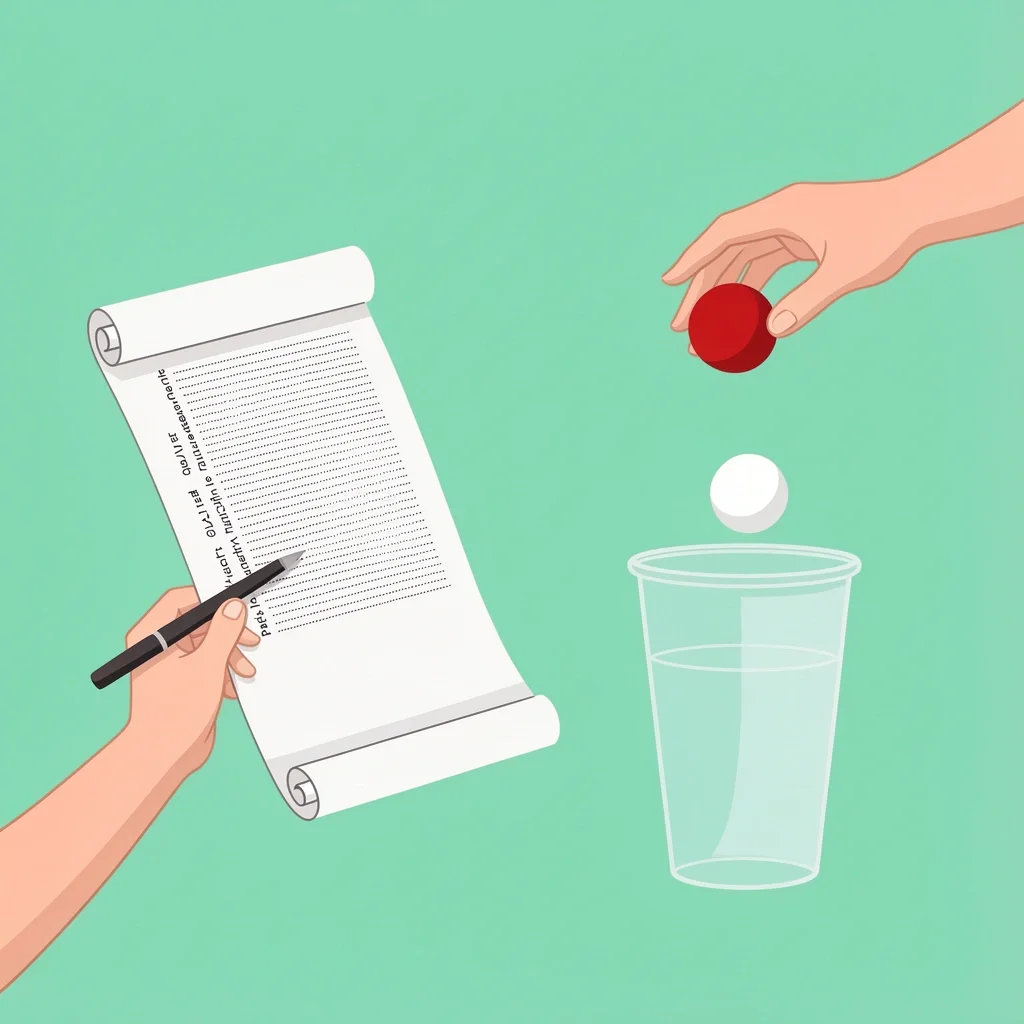 Creative and Activity Bridal Shower Games Hands holding a mad libs scroll and a ping pong ball near a cup representing creative and activity games