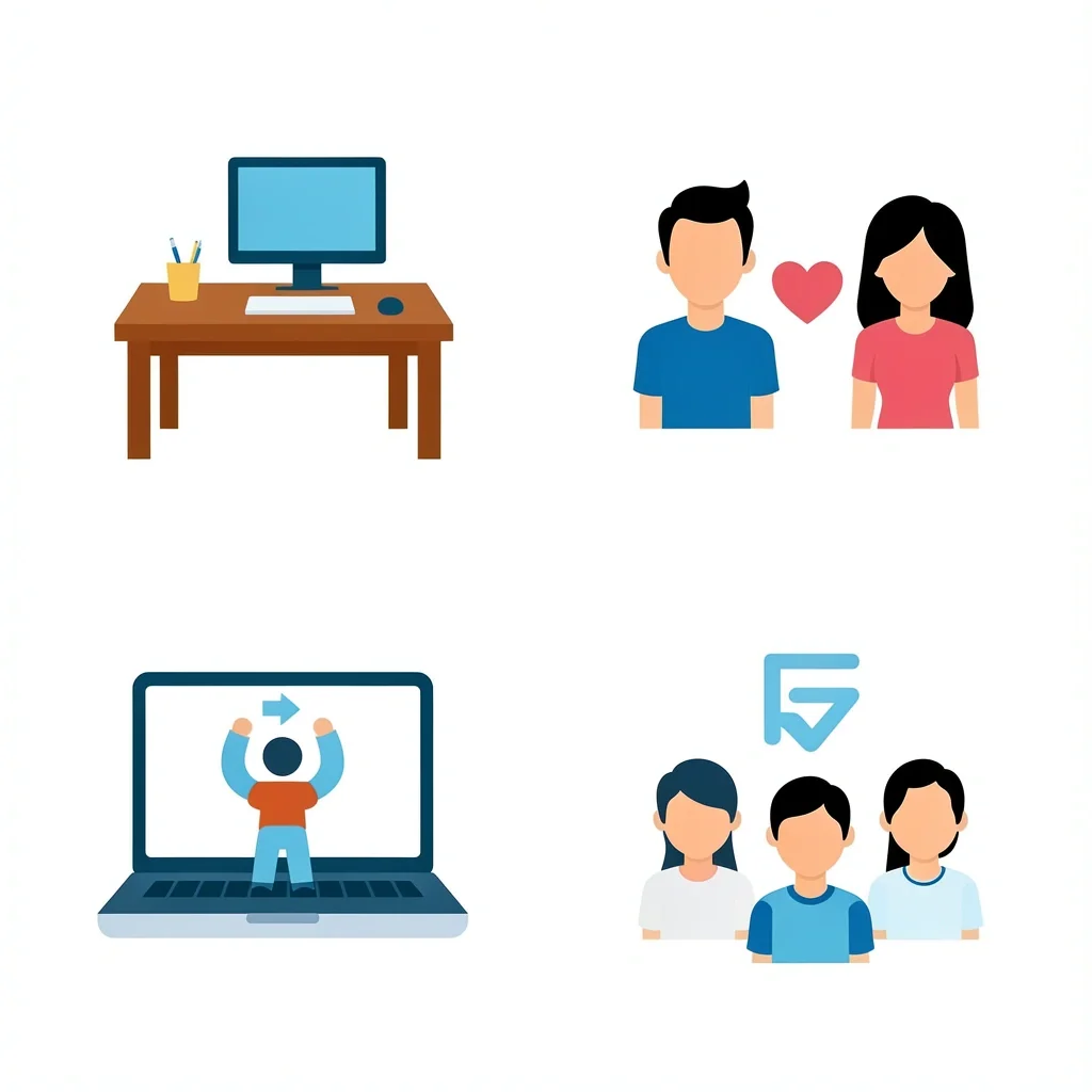 Adapting Bridal Shower Games for Special Situations Four icons representing workplace, co-ed, virtual, and small group bridal showers for game adaptations