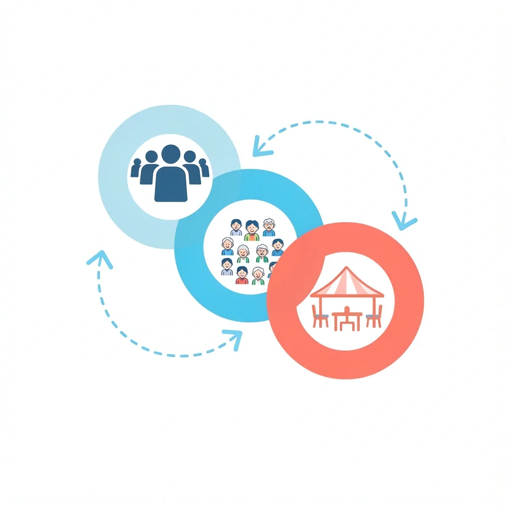 Three Filters for Choosing Bridal Shower Games Three overlapping circles with icons representing group size, age diversity, and venue setup for choosing bridal shower games
