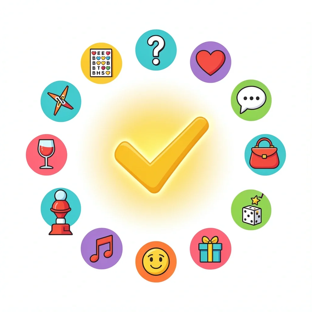 12 Approved Bridal Shower Games Checkmark icon surrounded by twelve game icons representing different bridal shower games