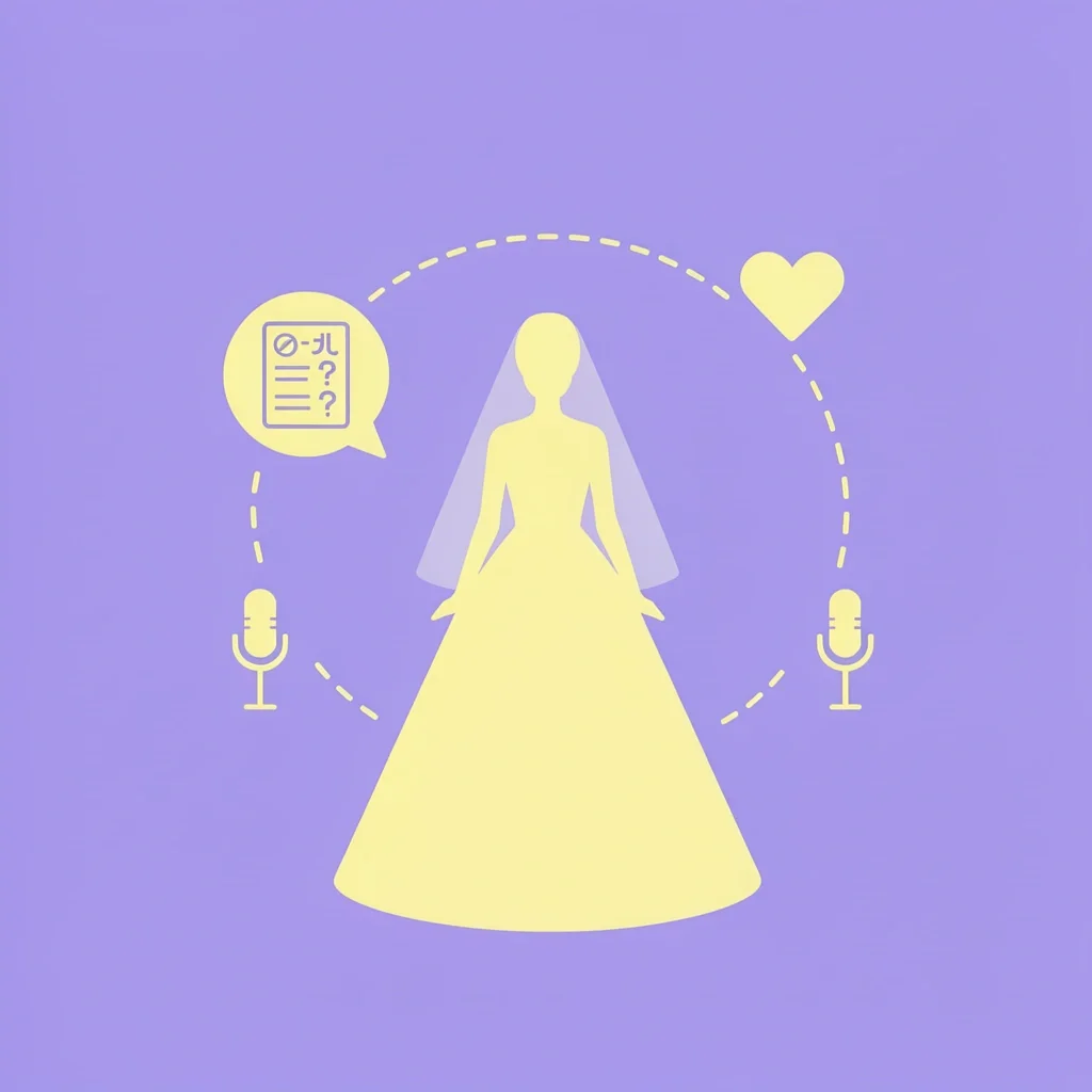 Knowledge Games for Bridal Showers Bride silhouette with question mark surrounded by quiz sheet, heart, and microphone icons representing knowledge games