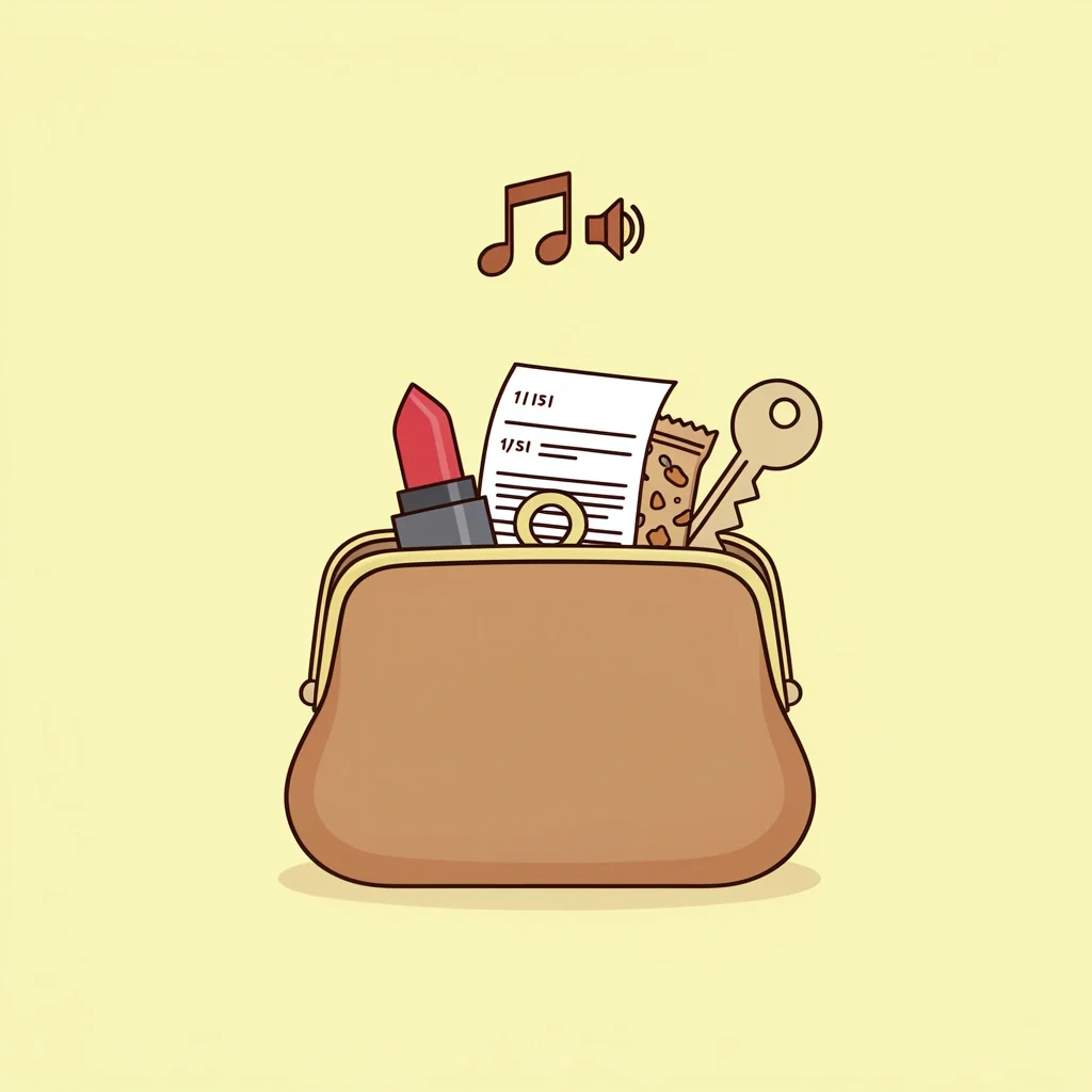 Low Energy High Laugh Bridal Shower Games Open purse with everyday items and a music note icon representing low energy high laugh bridal shower games