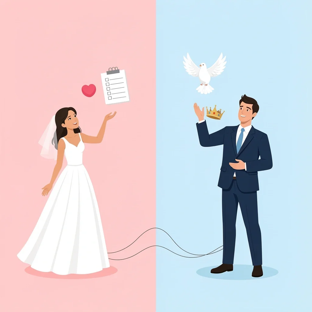 Bride and Groom Devotional Encouragement Split illustration of a bride releasing a checklist and stress ball, and a groom releasing a weighted crown, both replaced by positive symbols