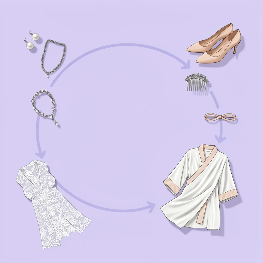 Full Range of Bridesmaid Accessories Flat Lay Flat lay of bridesmaid accessories including earrings, necklace, hair comb, shoes, wrap, robe, and belt on lavender background