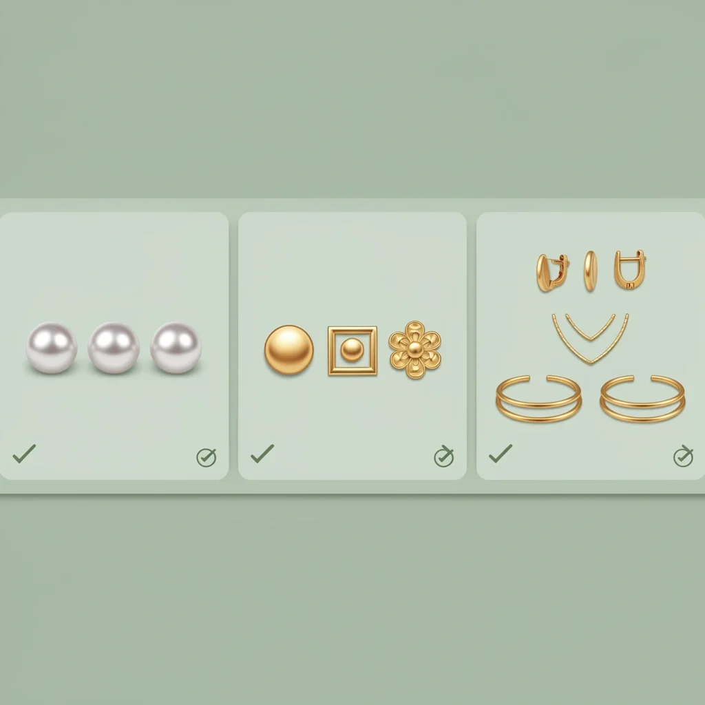Bridesmaid Accessory Coordination Options Three panels showing coordination options: identical earrings, same type different styles, and same metal color different items