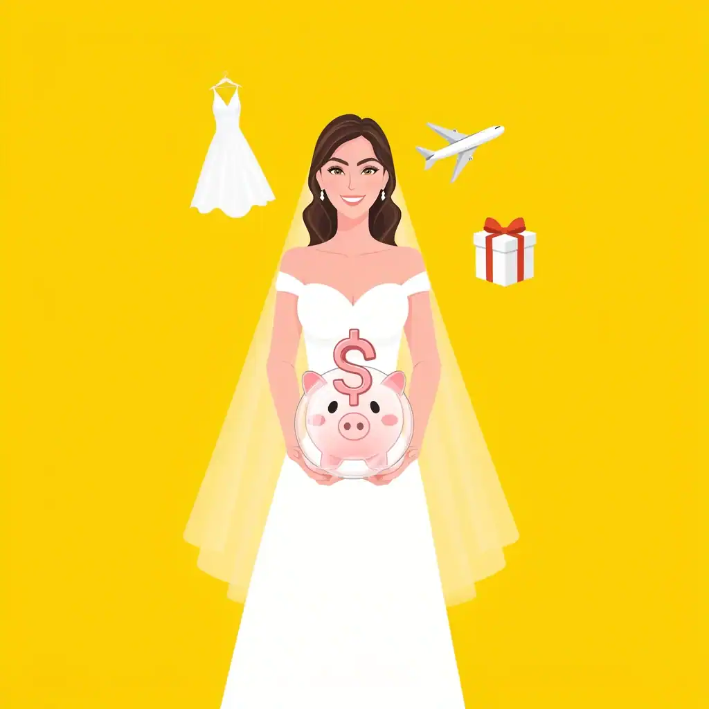 Bridesmaid Financial Planning Bridesmaid managing wedding budget with piggy bank and expense icons