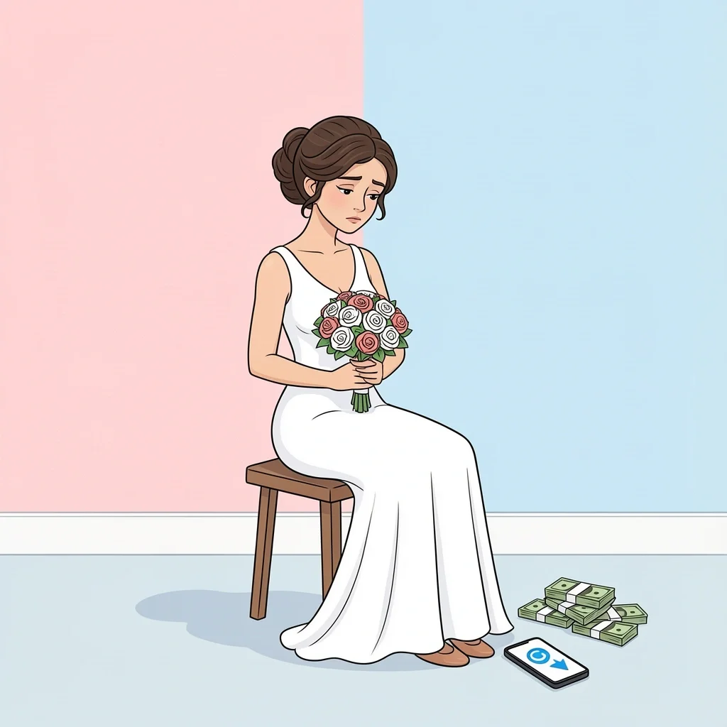 Honest Bridesmaid Reflecting on Hidden Struggles A bridesmaid sitting thoughtfully in a dressing room with a bouquet, while a small pile of bills and a phone rest on the floor, representing hidden struggles.
