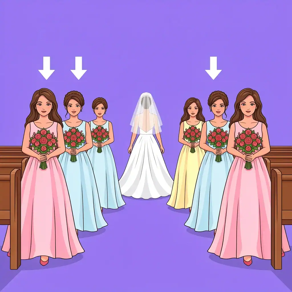 Bridesmaids walking down the church aisle in pairs during the processional