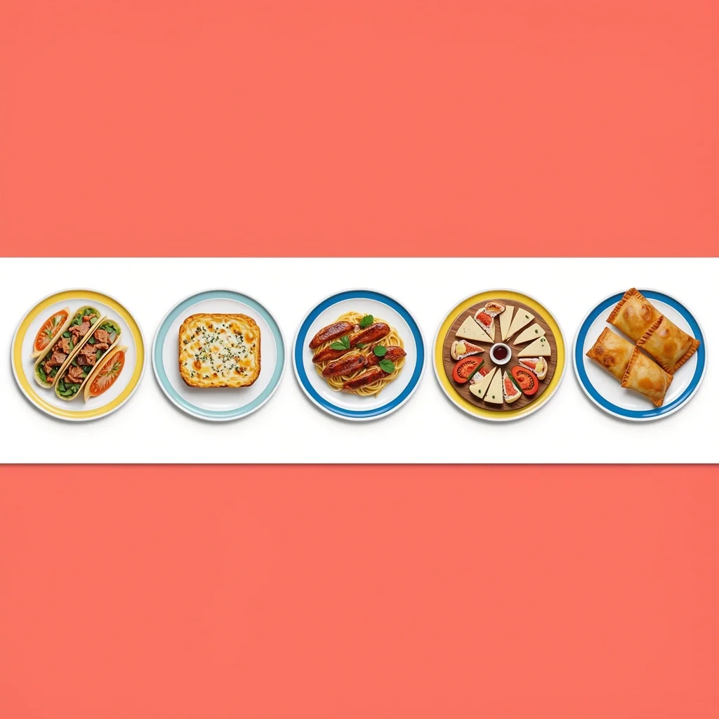Six Budget Wedding Cuisines Six budget-friendly wedding cuisines displayed on small plates including tacos, quiche, pasta, BBQ, cheese board, and empanadas.