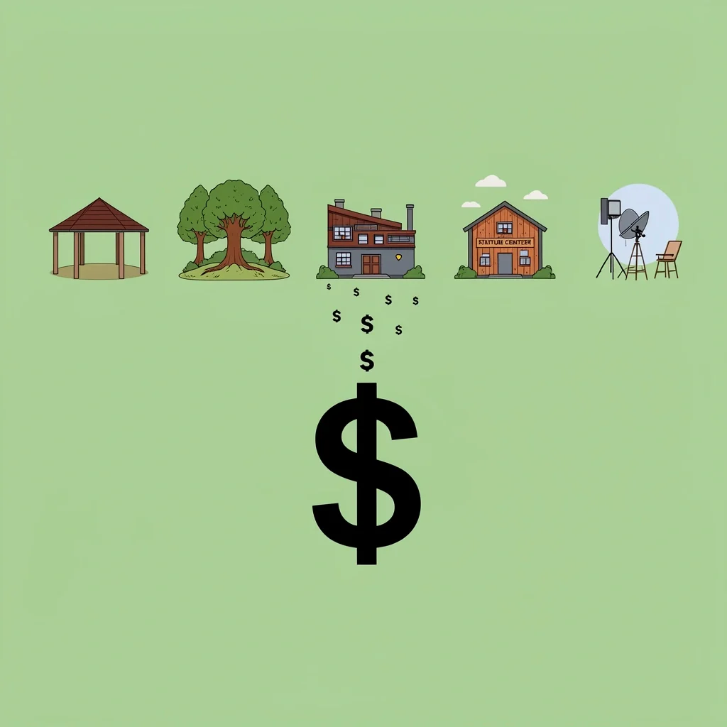 Budget Tier 1 Venues Icon Set Five venue type icons under a dollar sign representing budget-friendly Atlanta venues under $1,500