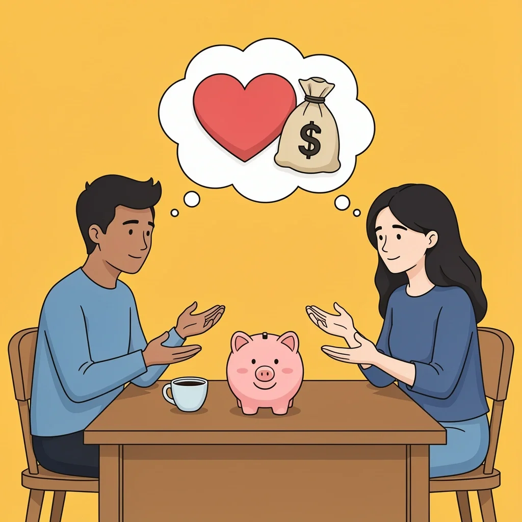 Open budget conversation with wedding party Two friends having a calm conversation about budget with a piggy bank on the table