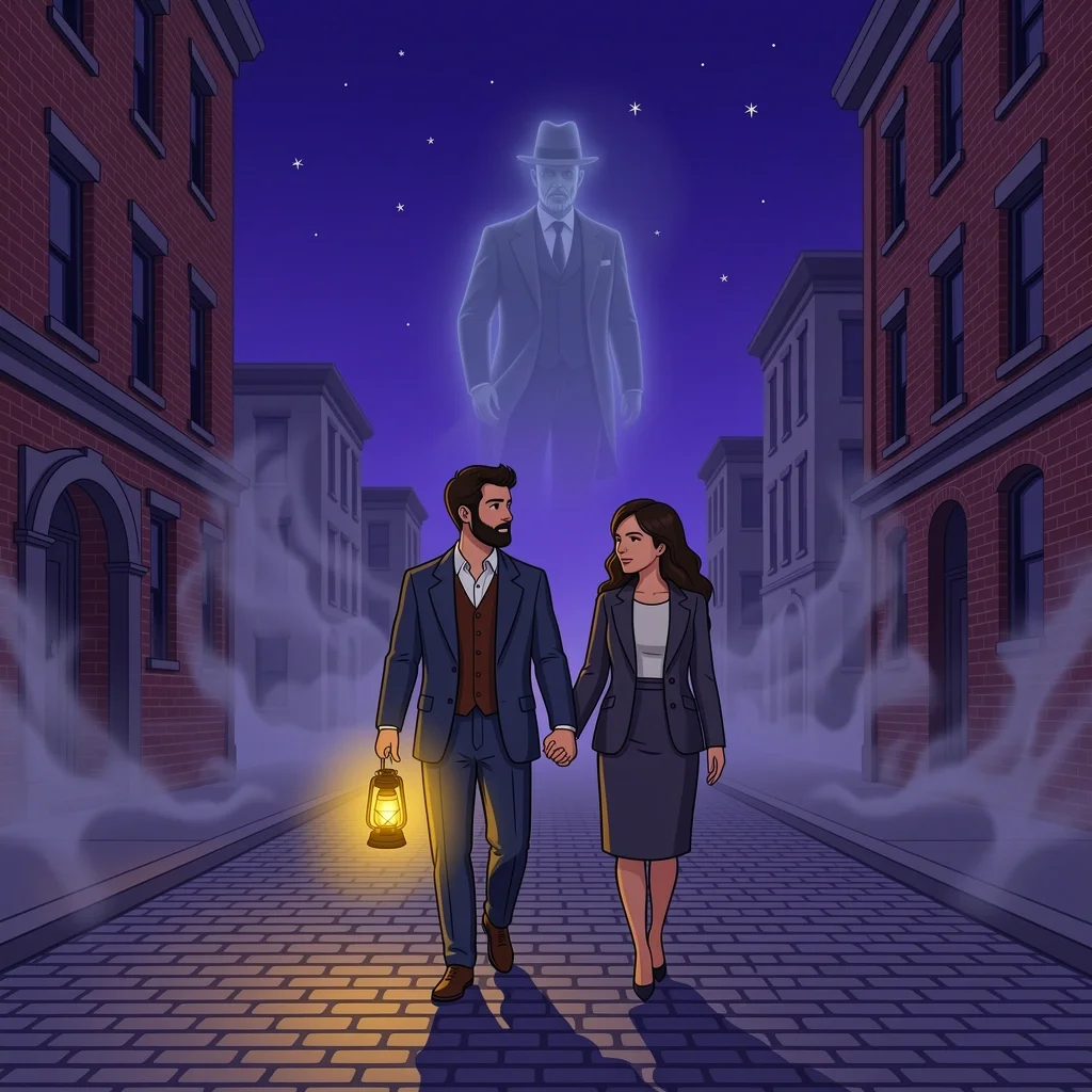 Spooky First Date Ghost Tour Chicago Couple on a Chicago ghost tour walking through foggy streets with a lantern