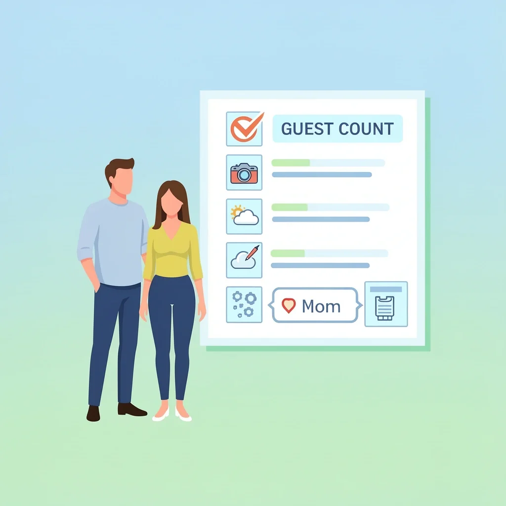 Choosing an Elopement Package Couple with checklist showing icons for guest count, camera, weather, and customization for choosing elopement package