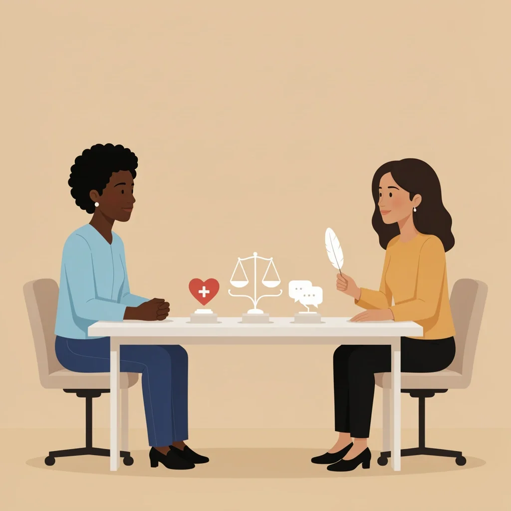 Selecting the Right Marriage Counselor Couple sitting with a therapist in a modern office with symbolic icons representing care, balance, and communication