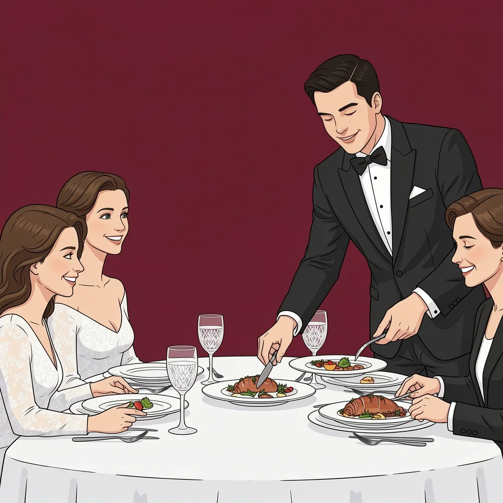 Classic Three-Course Plated Wedding Dinner Formal seated wedding dinner with waiter serving a plated starter to a guest, representing the Classic Three-Course menu style