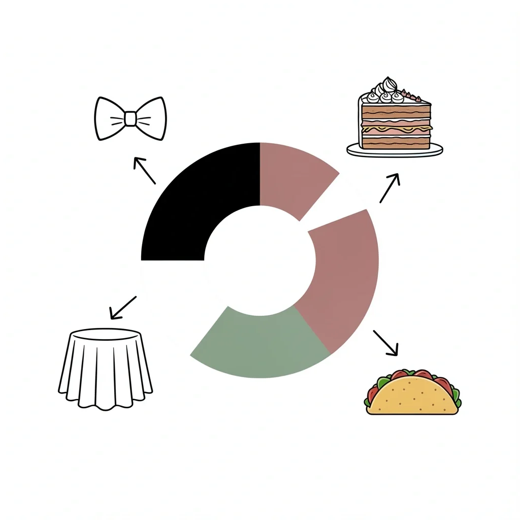 T-Theme Color Palette Mood Board 2D illustration of a wedding color palette mood board with bow tie, cake, tablecloth, and taco icons connected by arrows