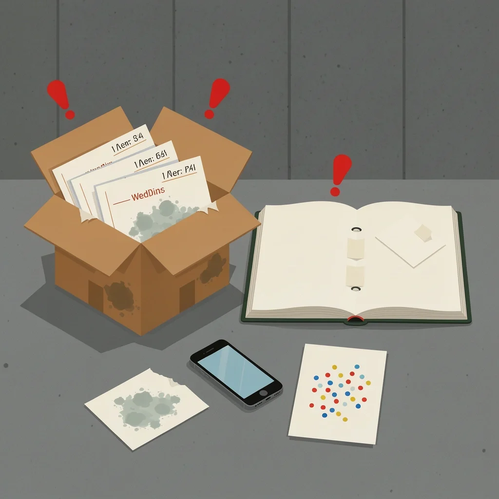 Wedding Card Mistakes to Avoid Wedding cards damaged by moisture, adhesive albums, low-quality photos, and confetti glue