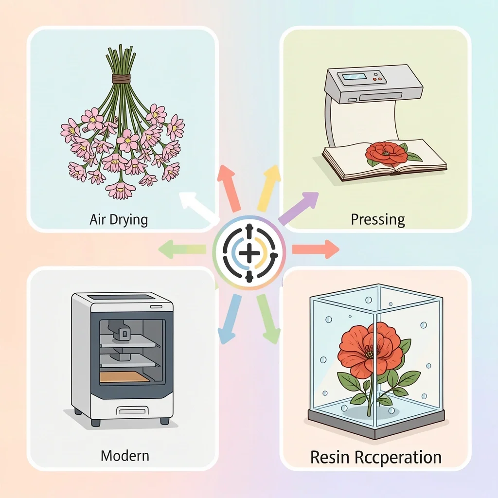 Preservation Methods Comparison Comparison of four wedding bouquet preservation methods: air drying, pressing, freeze-drying, and resin