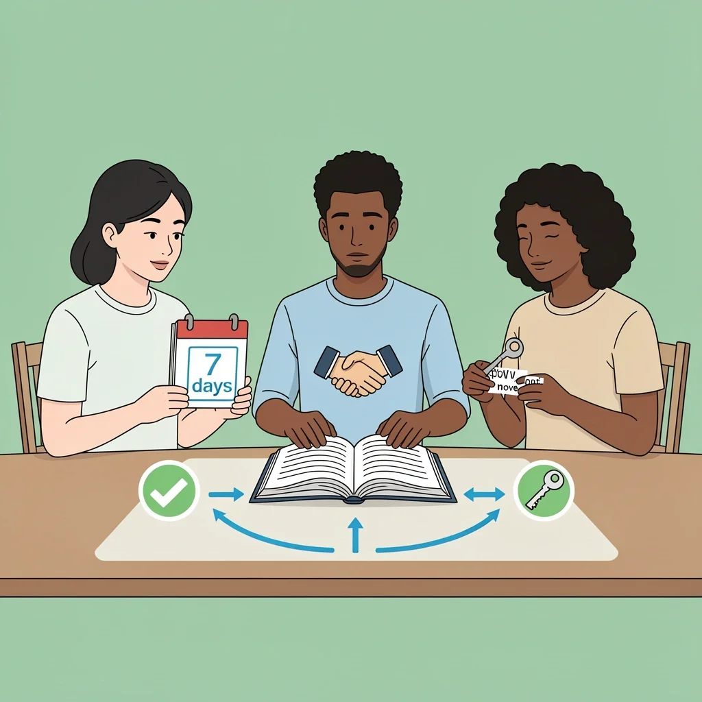 Expense Sharing Conflict Resolution Group of people around a table with a ledger, icons for grace period, handshake, and move-out key