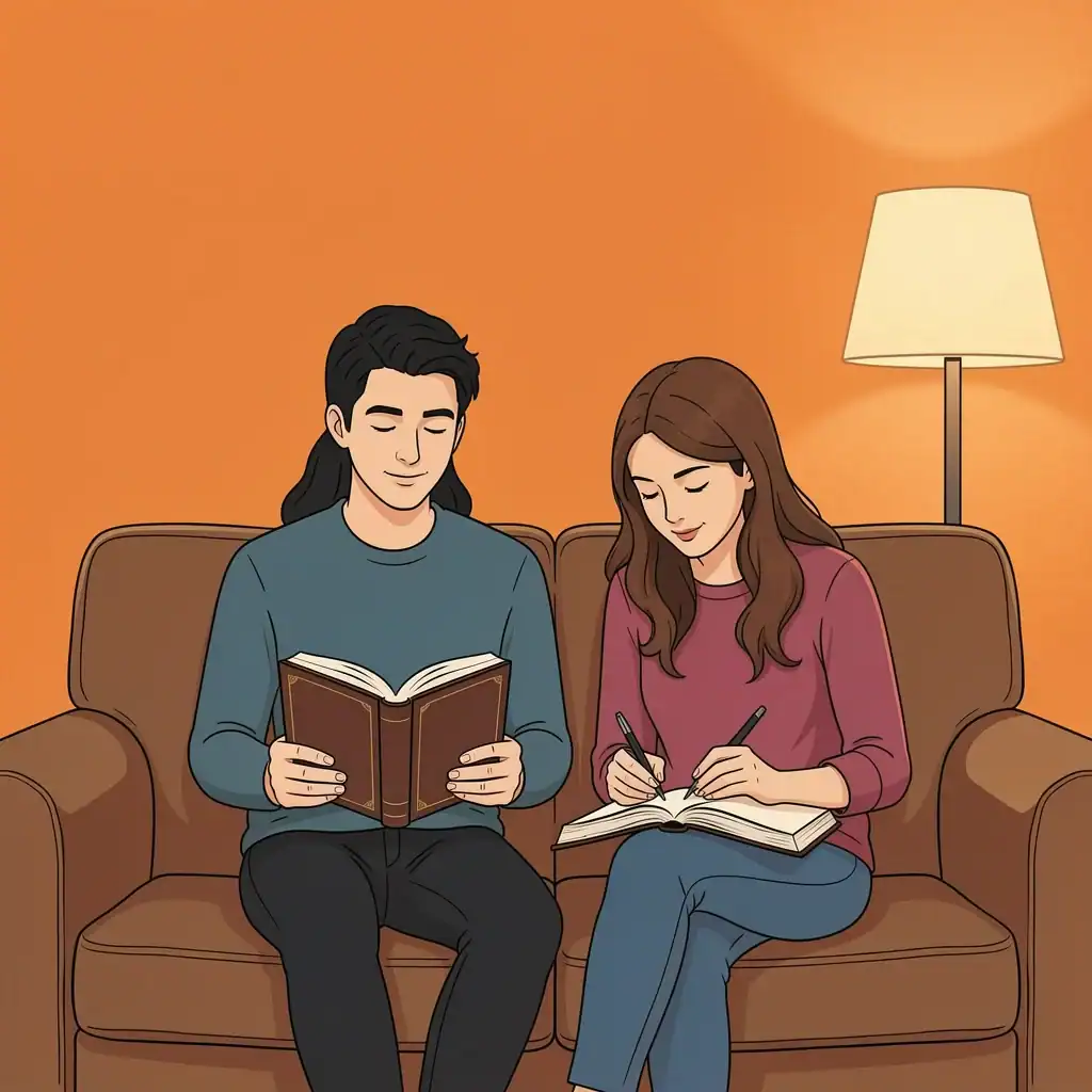 Couple Studying Bible Together Couple studying Bible together and writing in prayer journal on couch with warm lamp light