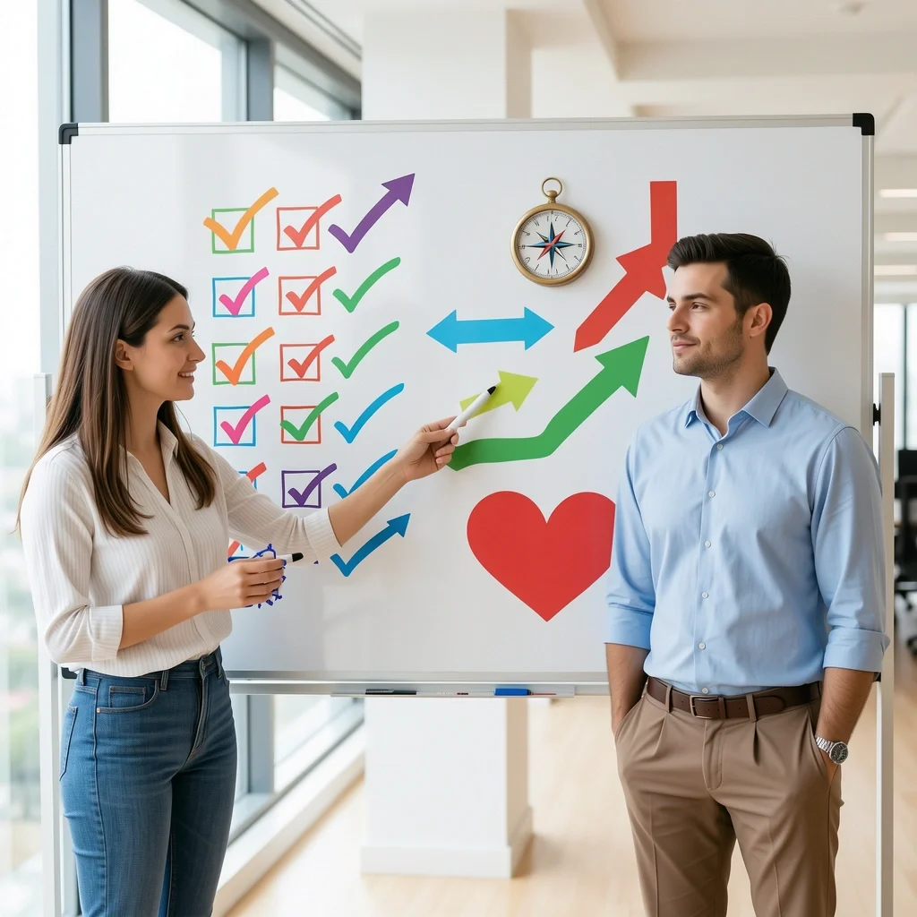 Couple reviewing a progress checklist on a whiteboard during marriage counseling